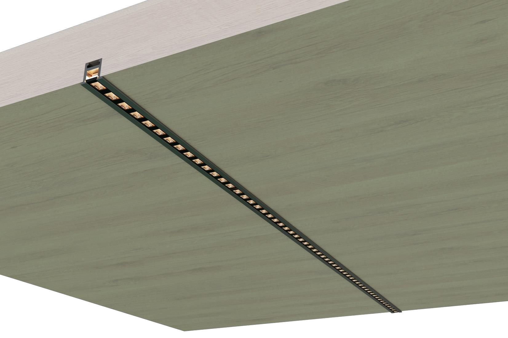 YD-2566 mini LED aluminium profile recessed into a routed slot in a green wall panel, glowing linear light line with the 9 mm top flange sitting flush against the surface